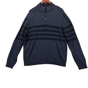Tahari Classic 1/4 Zip Pullover Sweater Mock Neck Cotton Stripe Blue Men XXL EUC